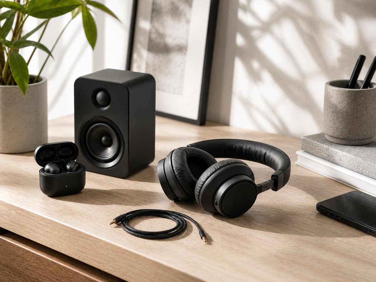 Auriculares, altavoz y accesorios de audio sobre una mesa