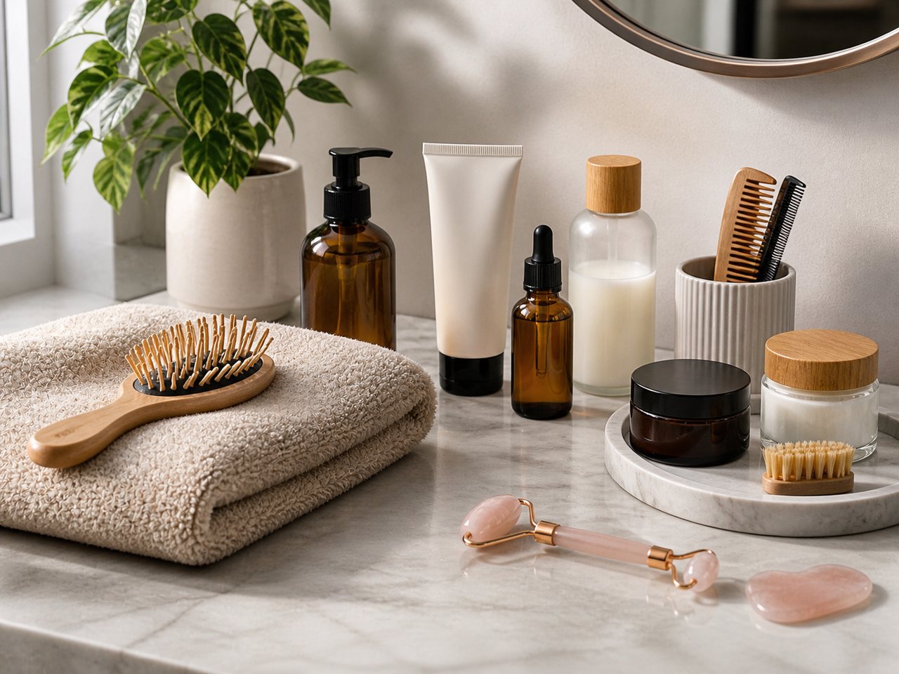 Productos de belleza y cuidado personal en un baño