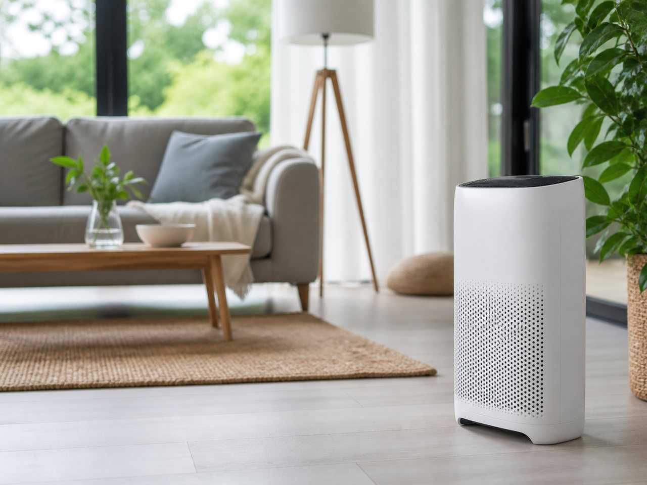Purificador de aire en un salón moderno y luminoso