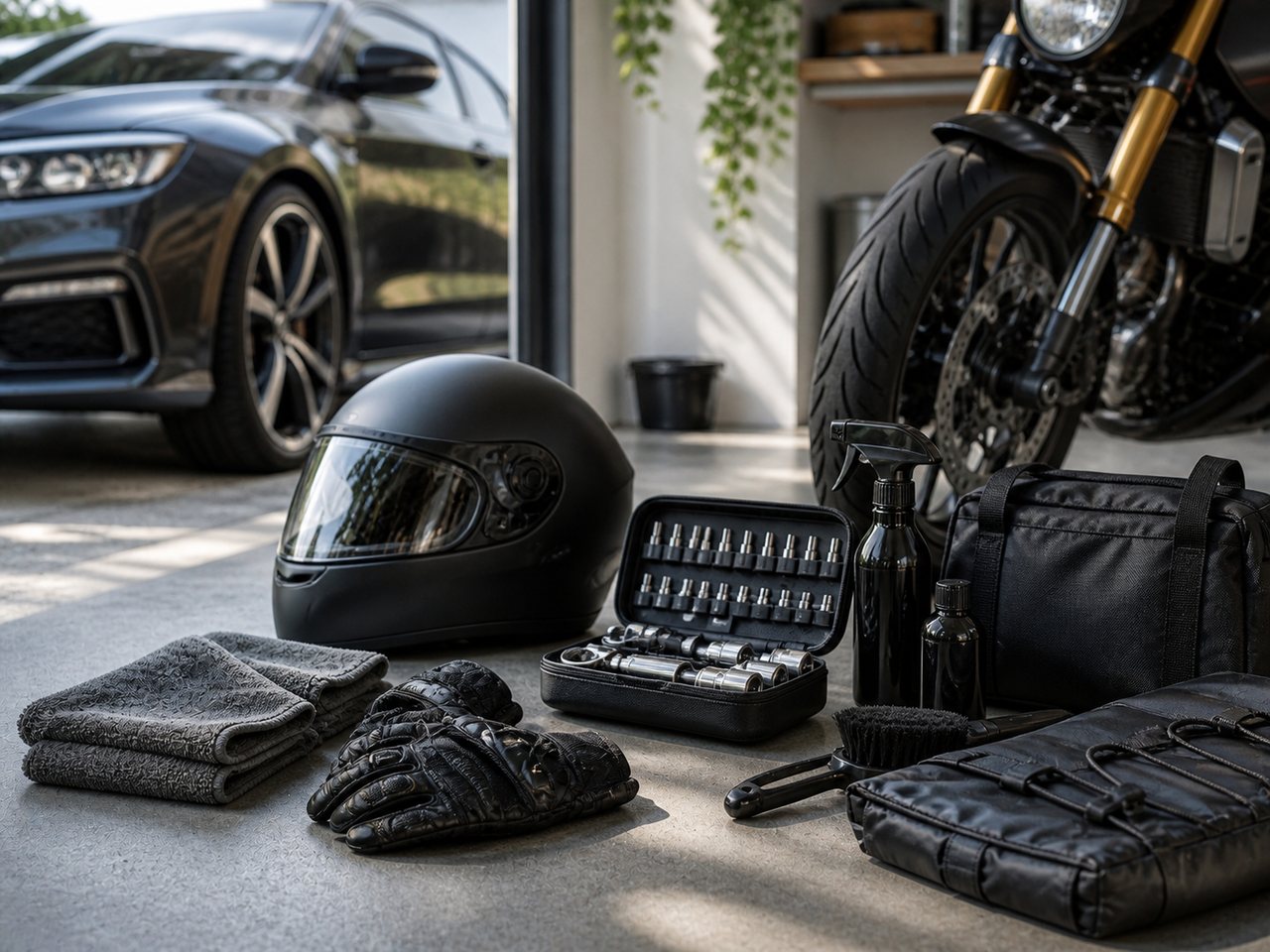 Accesorios de coche y moto en un garaje