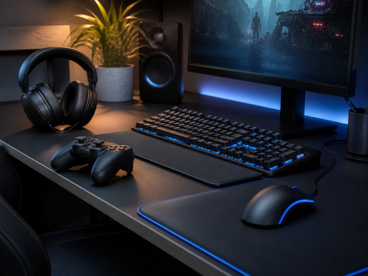 Escritorio gaming con teclado, pantalla y accesorios