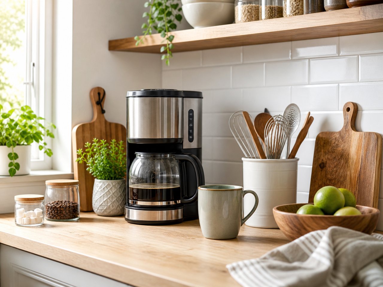 Productos de hogar y cocina en una encimera luminosa