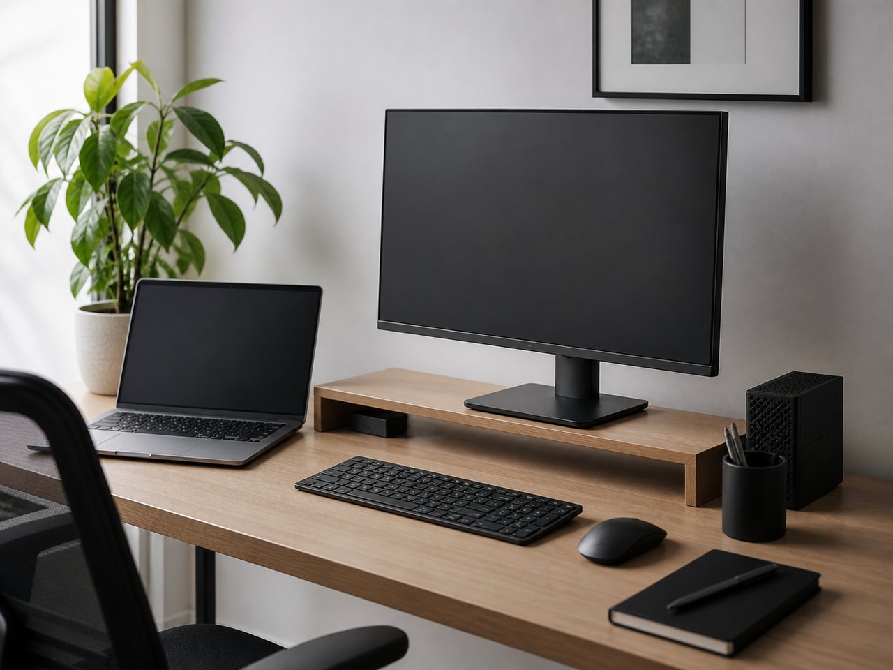 Puesto de informática con portátil, monitor y teclado