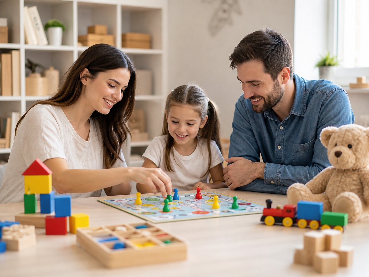 Familia jugando con juguetes y juegos de mesa