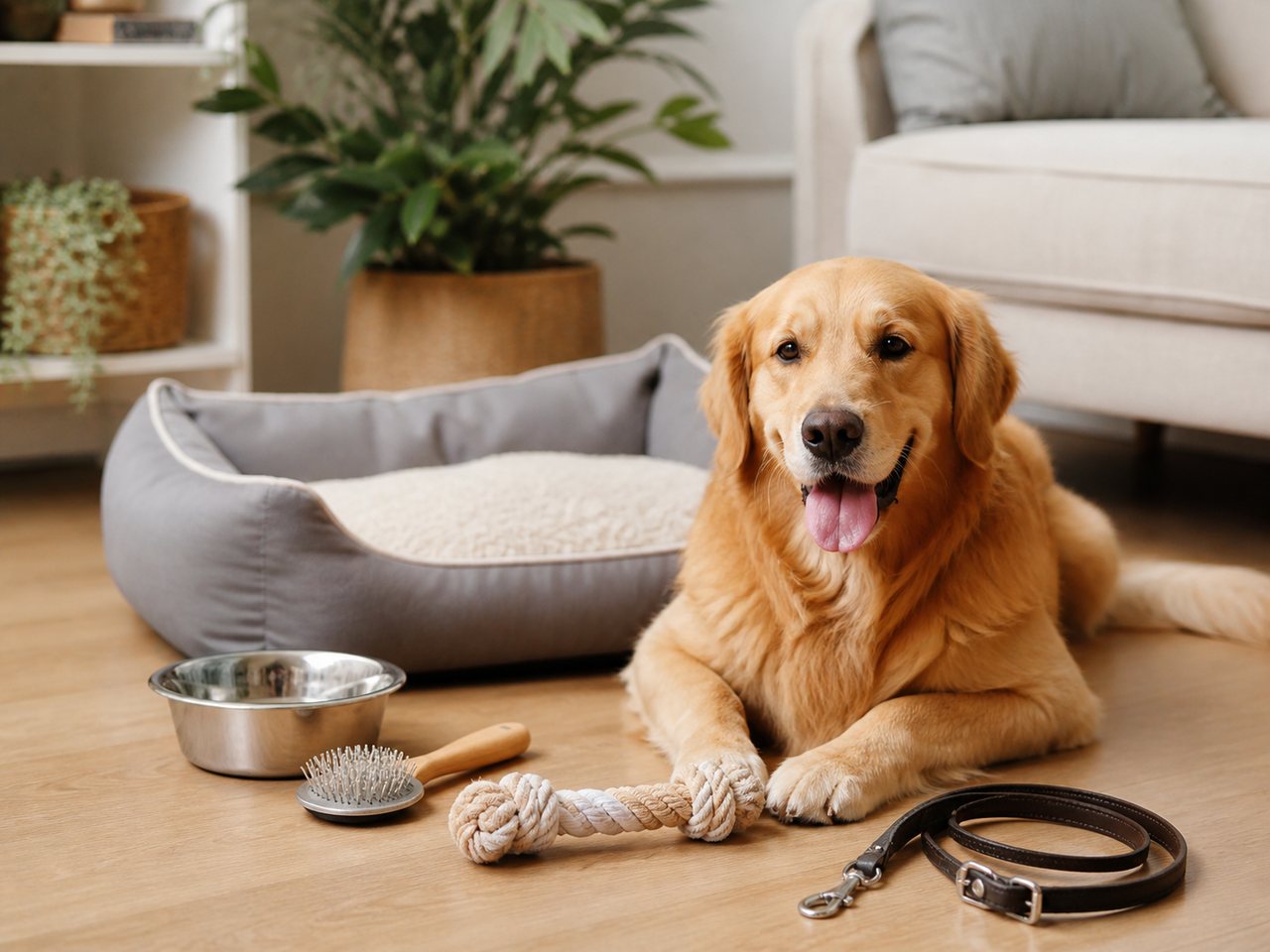 Perro en casa con cama y accesorios para mascotas