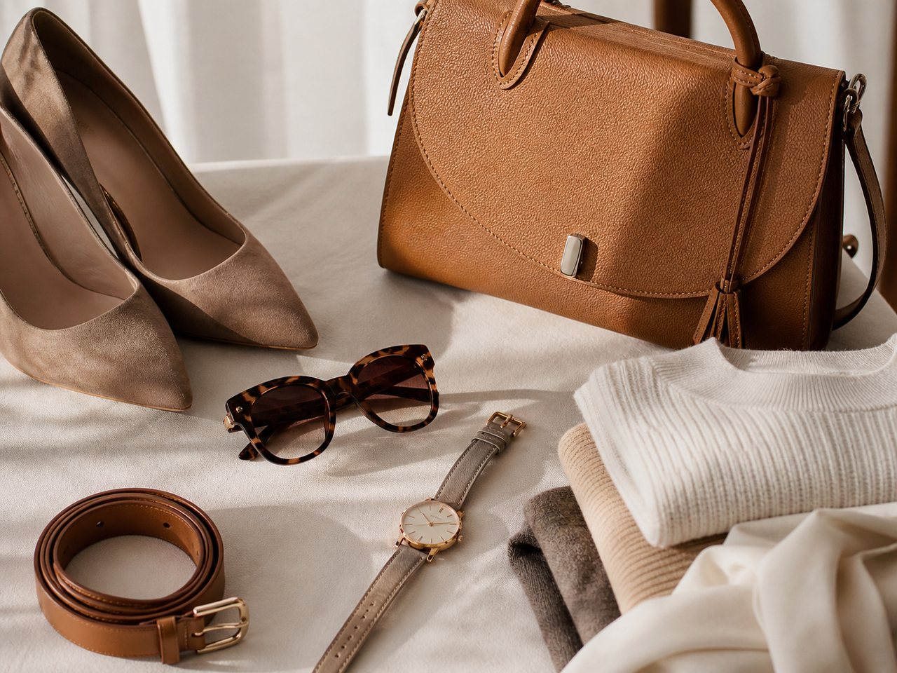 Complementos de moda y accesorios sobre una tela clara
