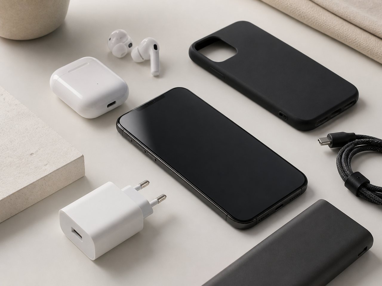 Móvil y accesorios de carga sobre una mesa limpia