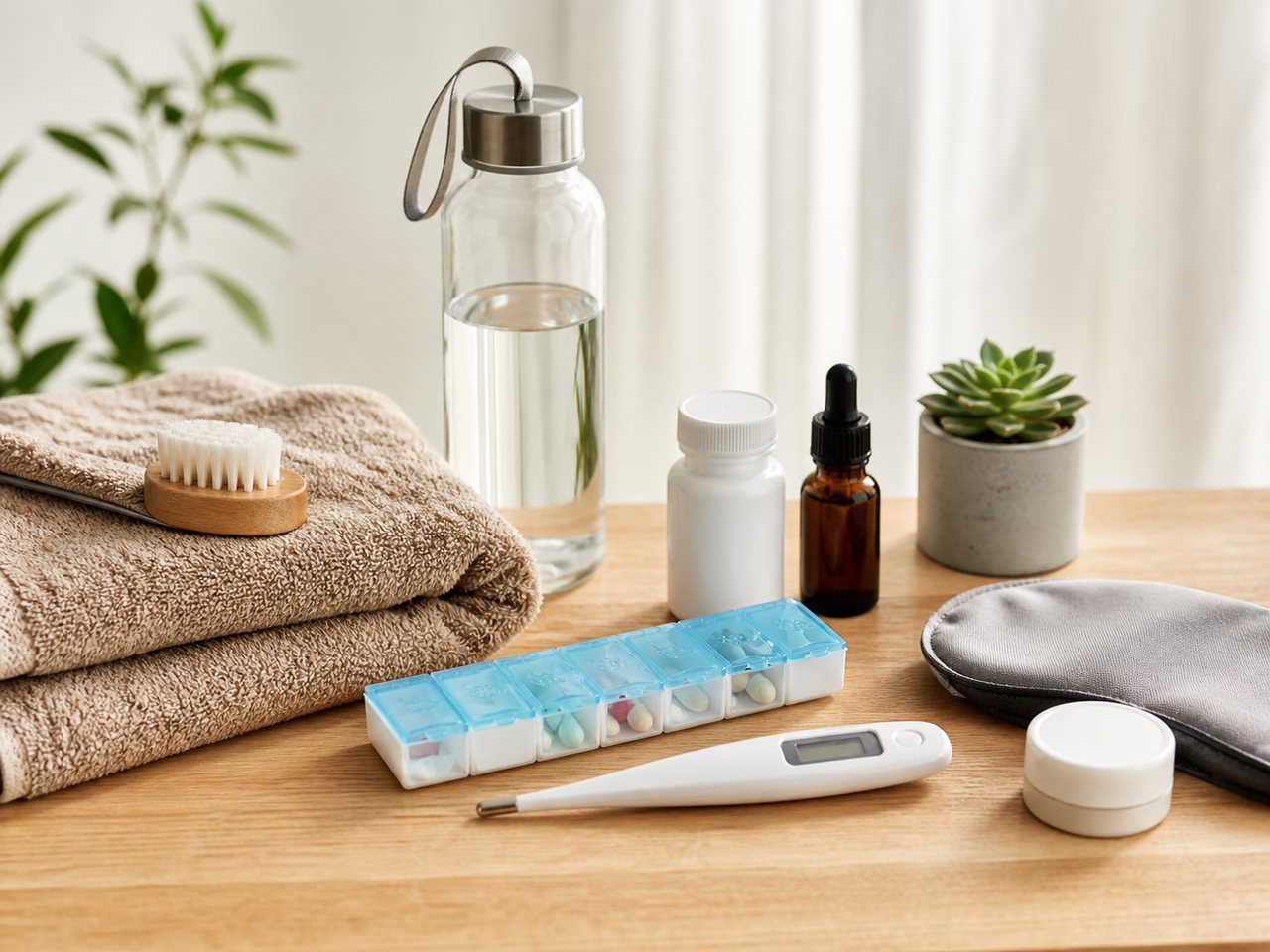 Productos de salud y cuidado personal sobre una mesa