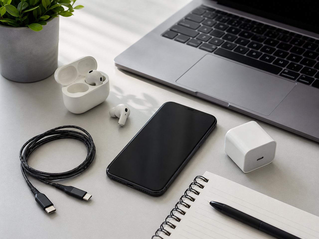 Accesorios tecnológicos sobre una mesa de despacho