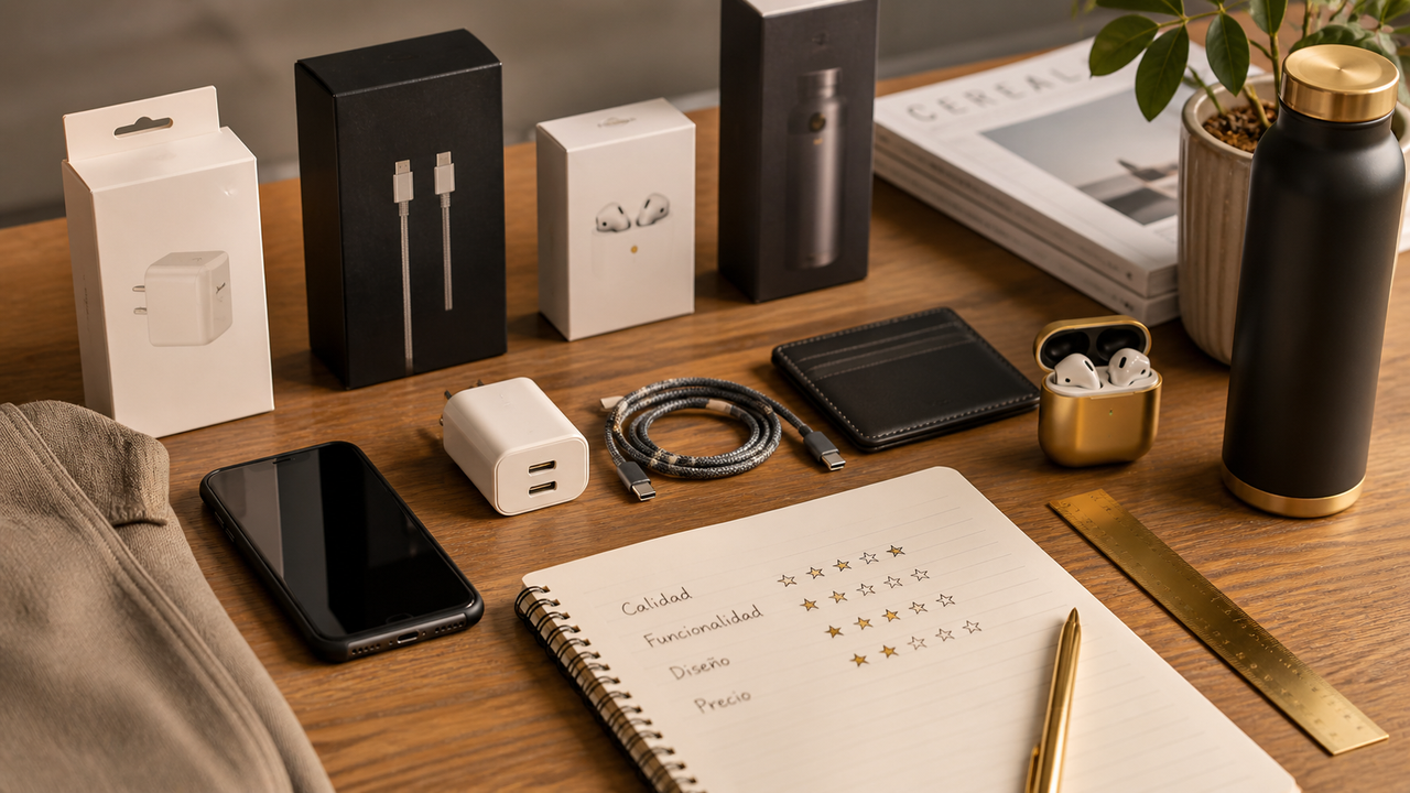 Productos y accesorios colocados sobre una mesa para revisar varias opciones